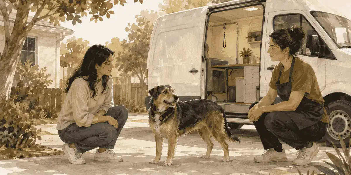 A calm mixed-breed dog stands beside a parked grooming van while a caregiver and groomer pause before a gentle first visit.