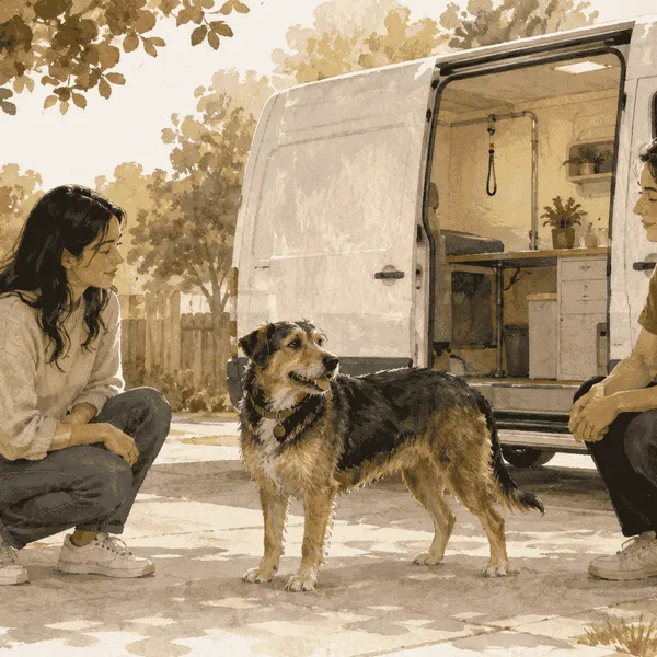 A calm mixed-breed dog stands beside a parked grooming van while a caregiver and groomer pause before a gentle first visit.