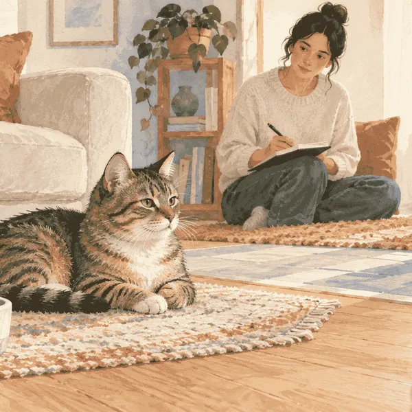 A tabby cat rests in a cool room while a caregiver records water, appetite, and behavior changes beside two quiet water bowls.