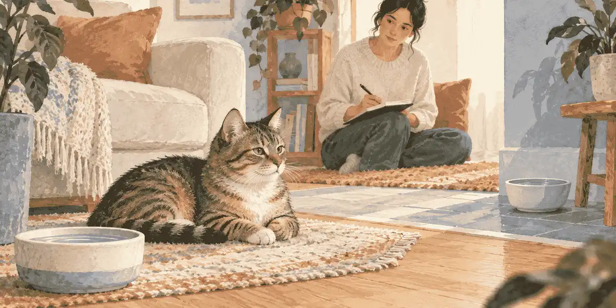 A tabby cat rests in a cool room while a caregiver records water, appetite, and behavior changes beside two quiet water bowls.
