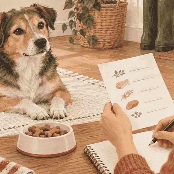 A mixed-breed dog rests beside an unbranded treat dish while a caregiver checks an ingredient list and writes a simple food note.