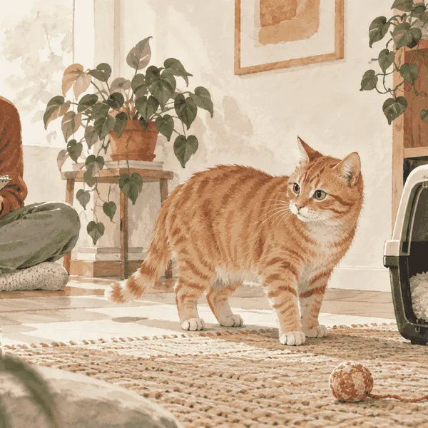 An orange tabby cat pauses near an open retreat while a caregiver observes quietly with a notebook nearby.