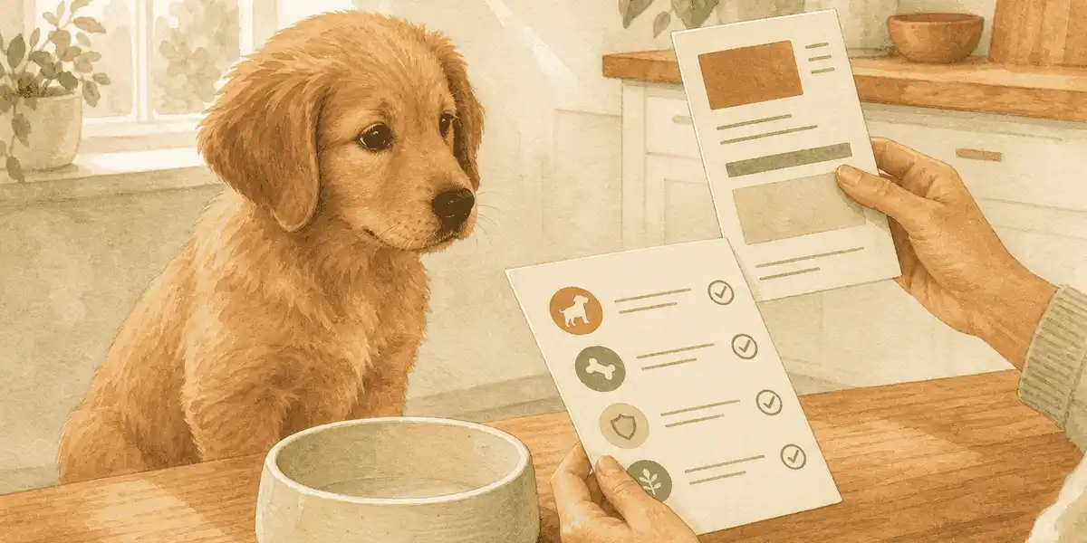 A golden-brown puppy watches a person compare an unbranded food label with a growth checklist beside a ceramic bowl.