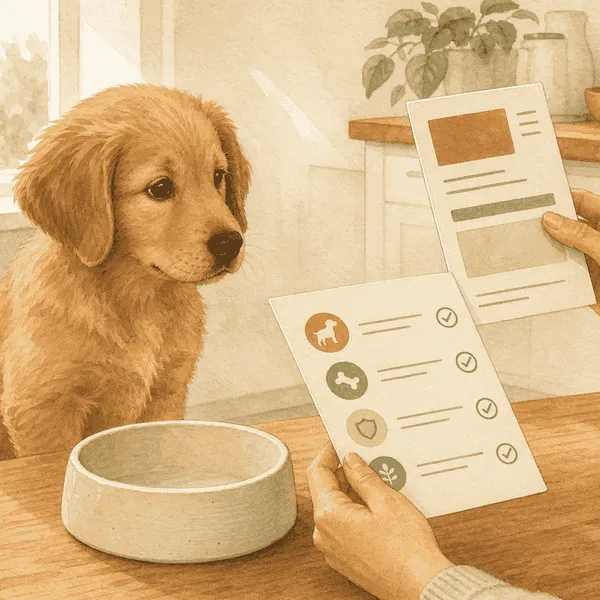 A golden-brown puppy watches a person compare an unbranded food label with a growth checklist beside a ceramic bowl.