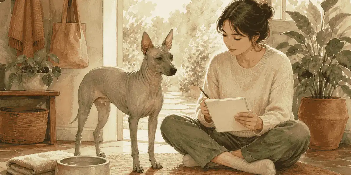 A hairless dog stands calmly beside a seated prospective caregiver reviewing a care checklist in a warm home.
