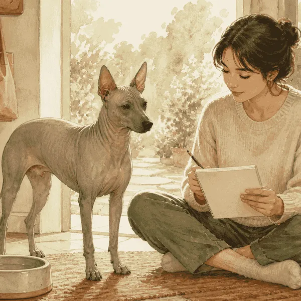 A hairless dog stands calmly beside a seated prospective caregiver reviewing a care checklist in a warm home.