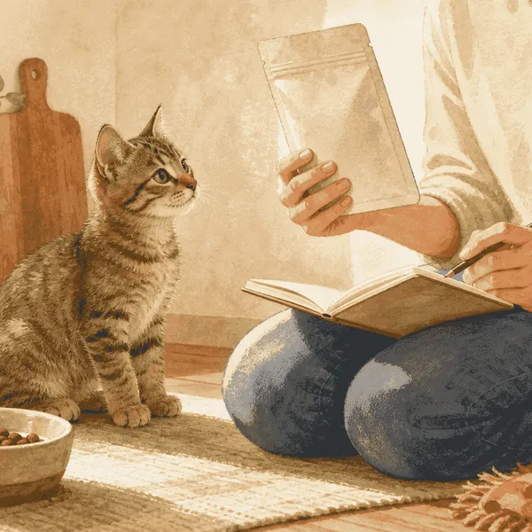 A tabby kitten watches a caregiver compare an unbranded food label with a meal and symptom notebook.
