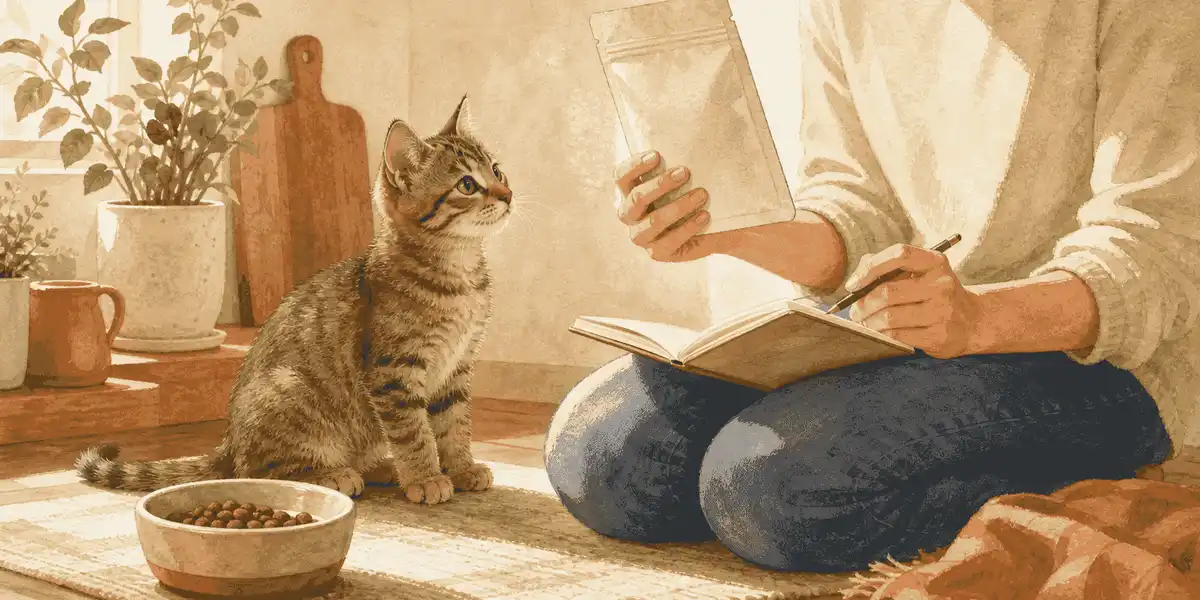 A tabby kitten watches a caregiver compare an unbranded food label with a meal and symptom notebook.