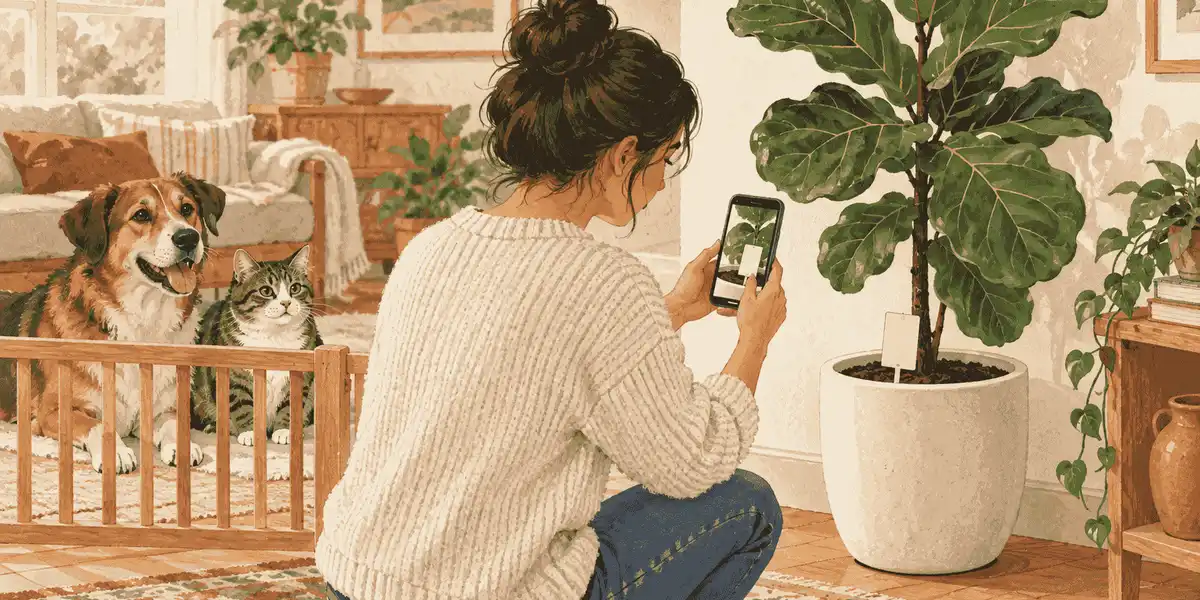 A caregiver photographs the label on a fiddle-leaf fig while a cat and dog wait safely behind a low indoor gate.