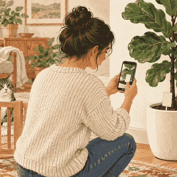A caregiver photographs the label on a fiddle-leaf fig while a cat and dog wait safely behind a low indoor gate.