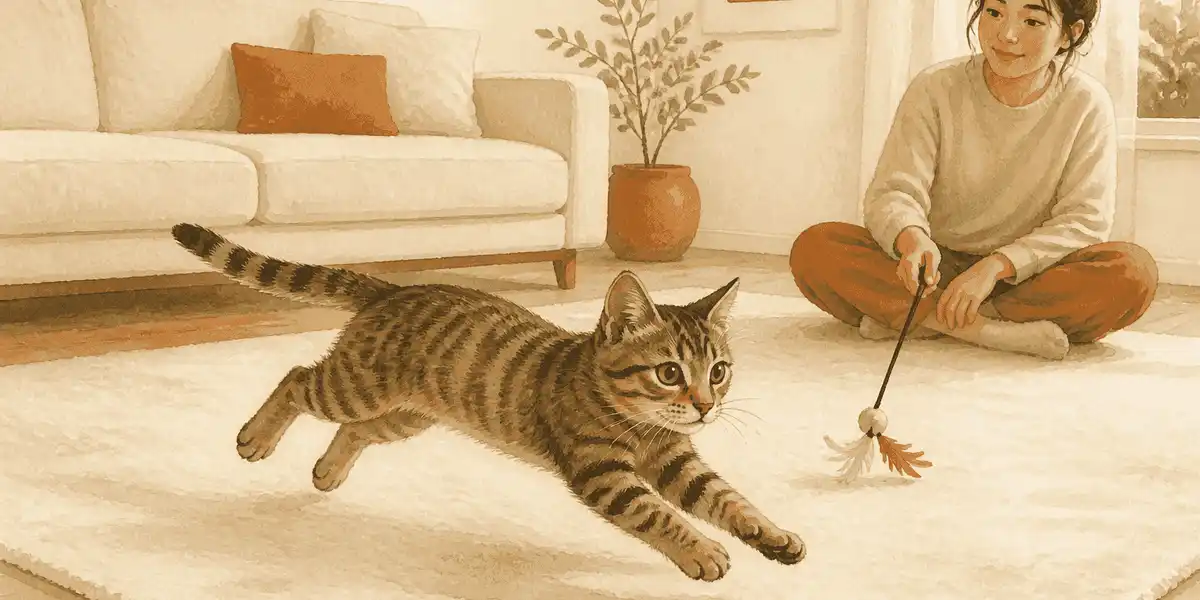 A young tabby cat runs across a clear rug while a caregiver sits quietly beside a wand toy.