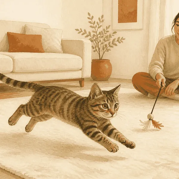 A young tabby cat runs across a clear rug while a caregiver sits quietly beside a wand toy.