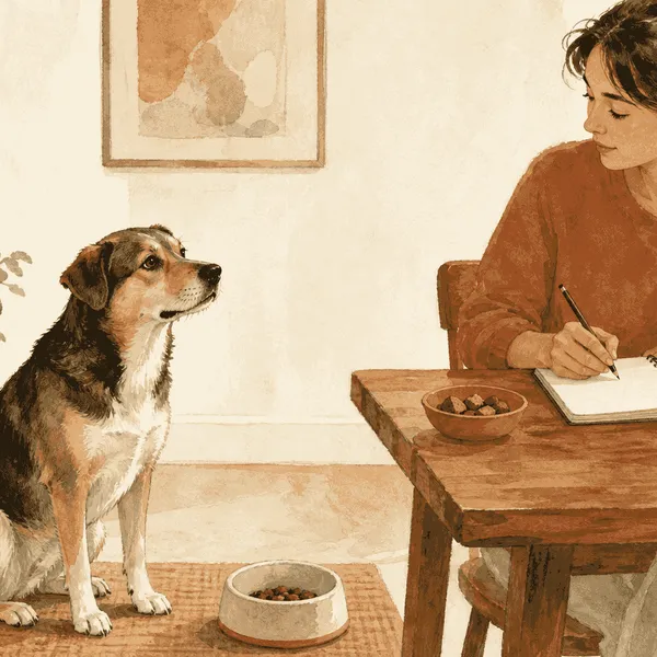 An adult dog sits beside its regular food bowl while a caregiver records meals and treats on a note.