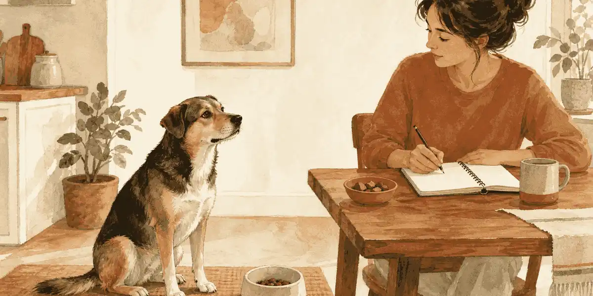 An adult dog sits beside its regular food bowl while a caregiver records meals and treats on a note.