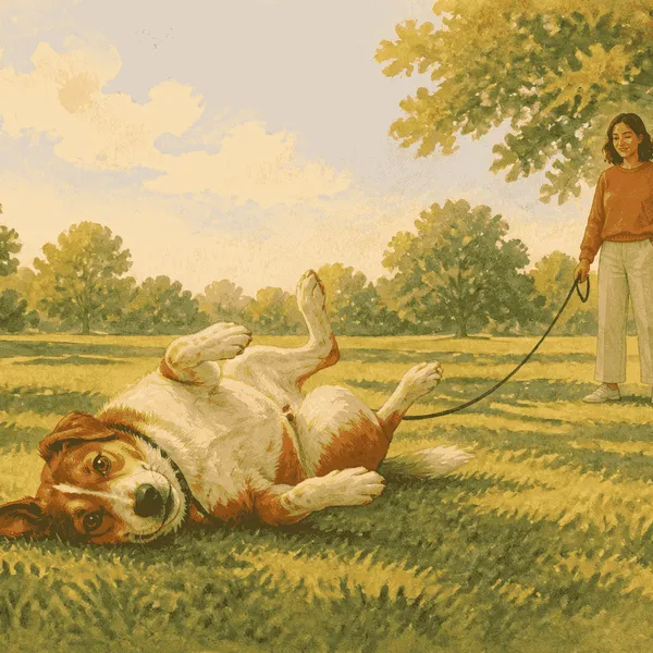 Brown-and-white dog rolling on its back in a sunlit grassy park while a caregiver holds a loose leash nearby.