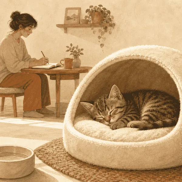 A tabby kitten sleeps in a covered bed while a caregiver quietly records observations at a nearby table.