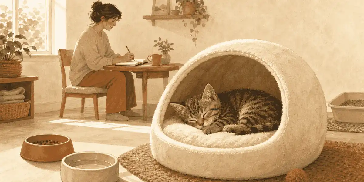 A tabby kitten sleeps in a covered bed while a caregiver quietly records observations at a nearby table.