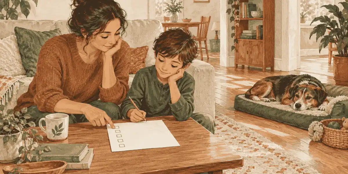 A parent and child review a dog-care checklist while an adult dog rests nearby with room to move away.