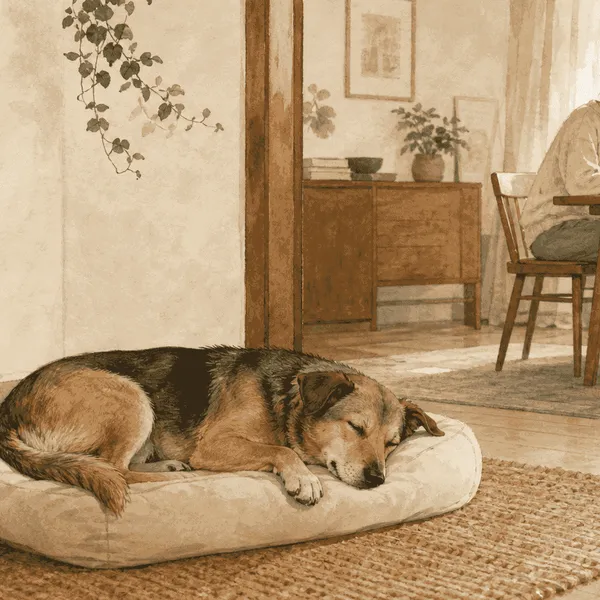 A relaxed mixed-breed dog sleeps on an open bed while a caregiver quietly notes the household routine nearby.