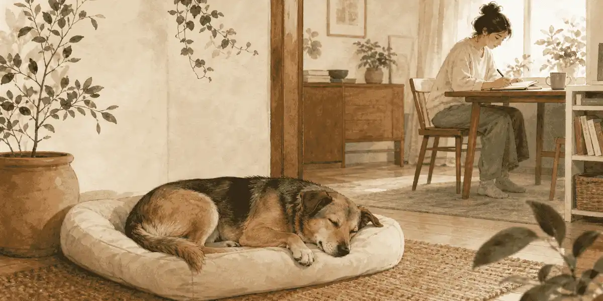 A relaxed mixed-breed dog sleeps on an open bed while a caregiver quietly notes the household routine nearby.