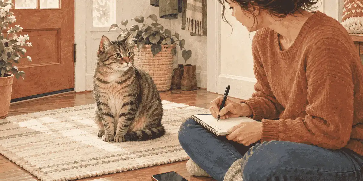 A tabby cat rests calmly on a cream mat while a caregiver writes an observation note beside a phone.