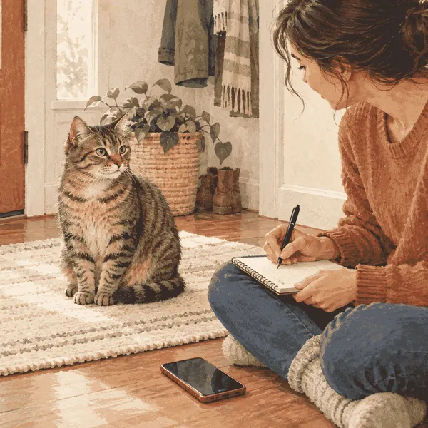 A tabby cat rests calmly on a cream mat while a caregiver writes an observation note beside a phone.
