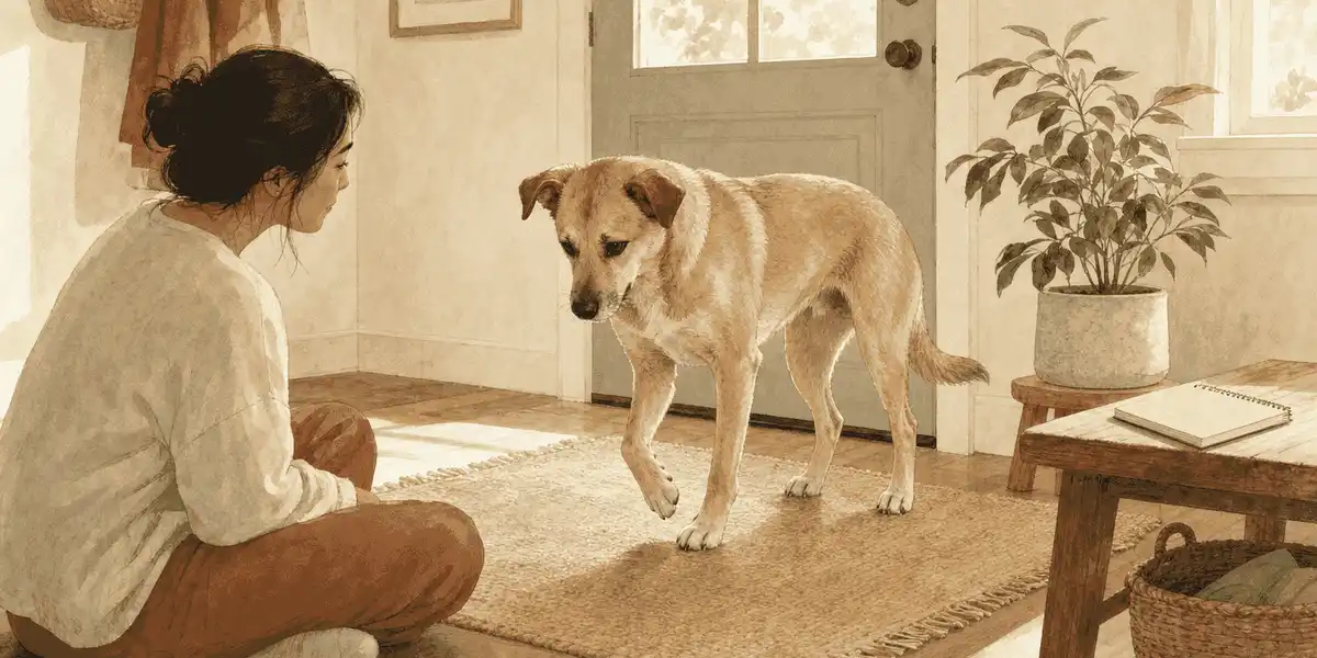 A tan dog stands calmly on a cream mat while a caregiver looks at one front paw without touching it.