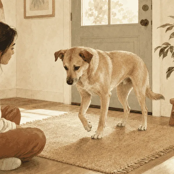 A tan dog stands calmly on a cream mat while a caregiver looks at one front paw without touching it.