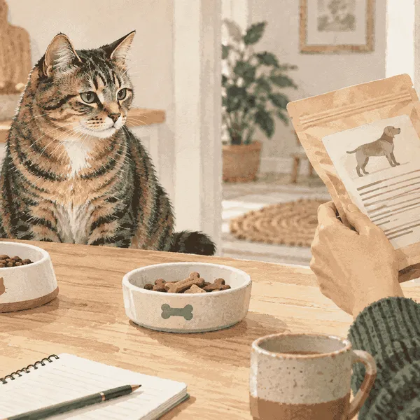 A tabby cat waits beside separate unbranded treat dishes while a caregiver checks a dog-treat label.