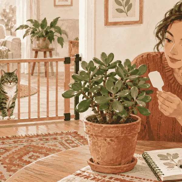 A cat watches from behind a low gate while a caregiver checks a jade plant label beside a phone and notebook.