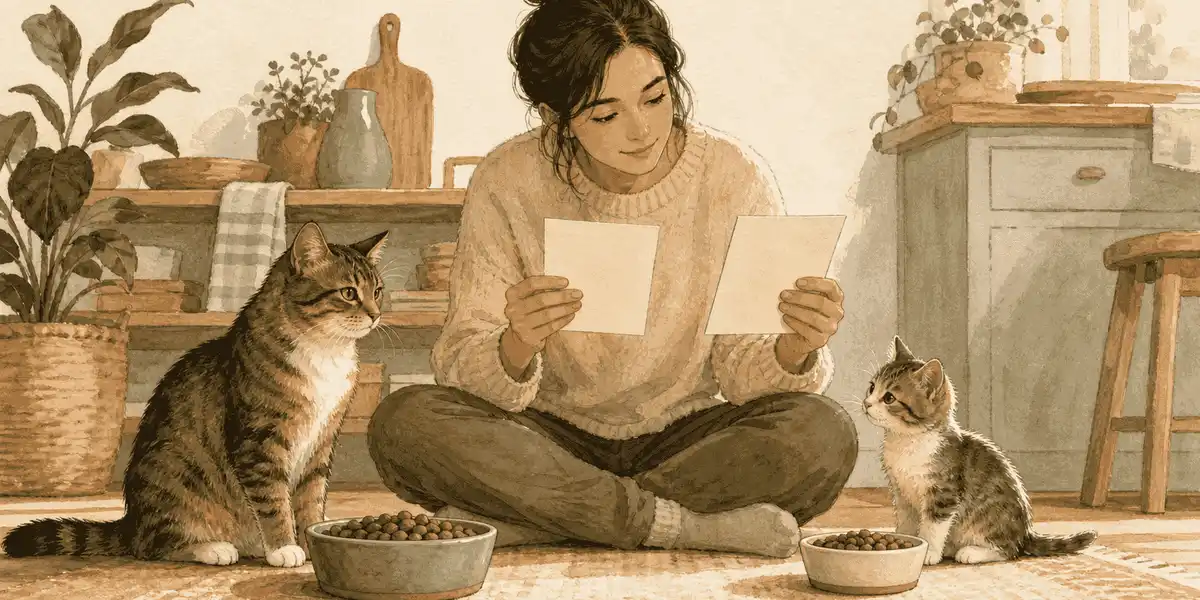 An adult cat and a kitten sit beside separate food bowls while a caregiver checks two unbranded food labels.