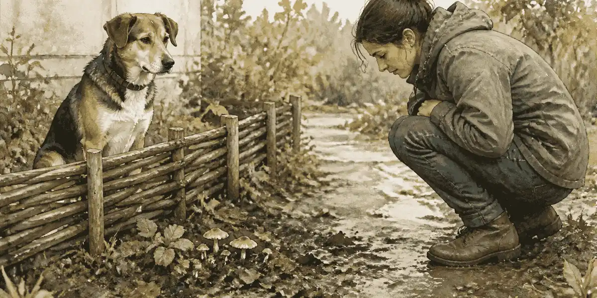 A caregiver checks a damp garden path while a dog waits behind a low barrier near a patch of wild mushrooms.