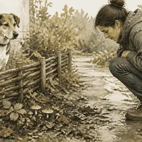 A caregiver checks a damp garden path while a dog waits behind a low barrier near a patch of wild mushrooms.