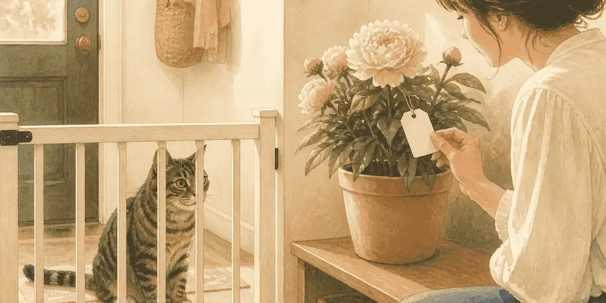 A tabby cat stays behind a low gate while a caregiver checks a peony plant label beside a secured vase.