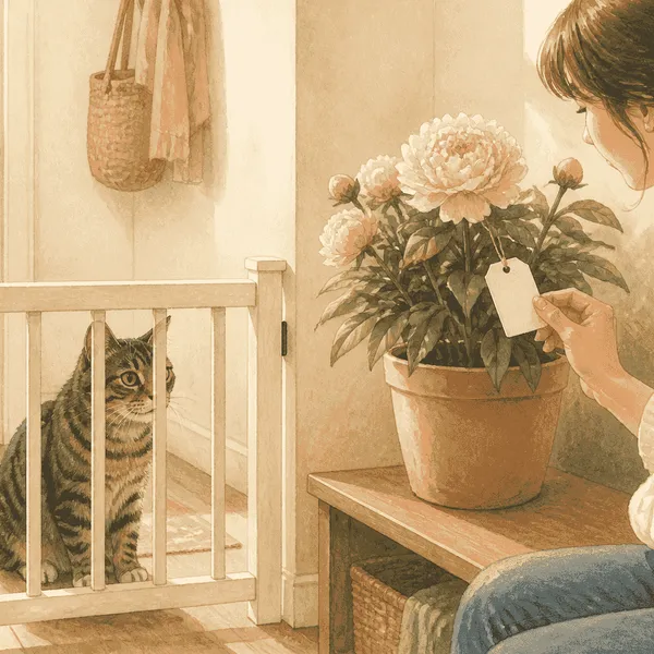 A tabby cat stays behind a low gate while a caregiver checks a peony plant label beside a secured vase.