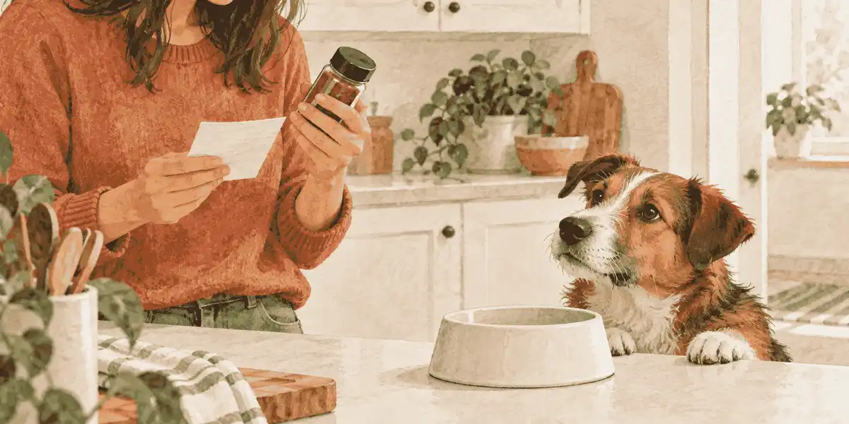 A caregiver checks an unbranded spice jar while a dog waits beside a plain food bowl and a closed kitchen cupboard.