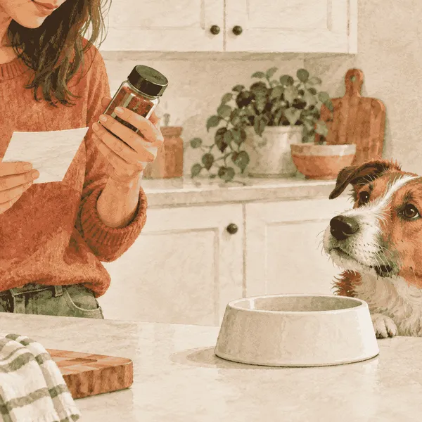 A caregiver checks an unbranded spice jar while a dog waits beside a plain food bowl and a closed kitchen cupboard.