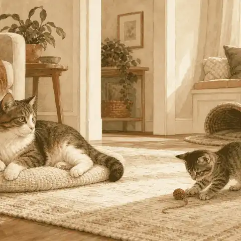 Adult tabby cat resting on a floor cushion while a tabby kitten plays across a sunlit room.