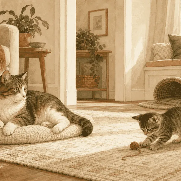Adult tabby cat resting on a floor cushion while a tabby kitten plays across a sunlit room.