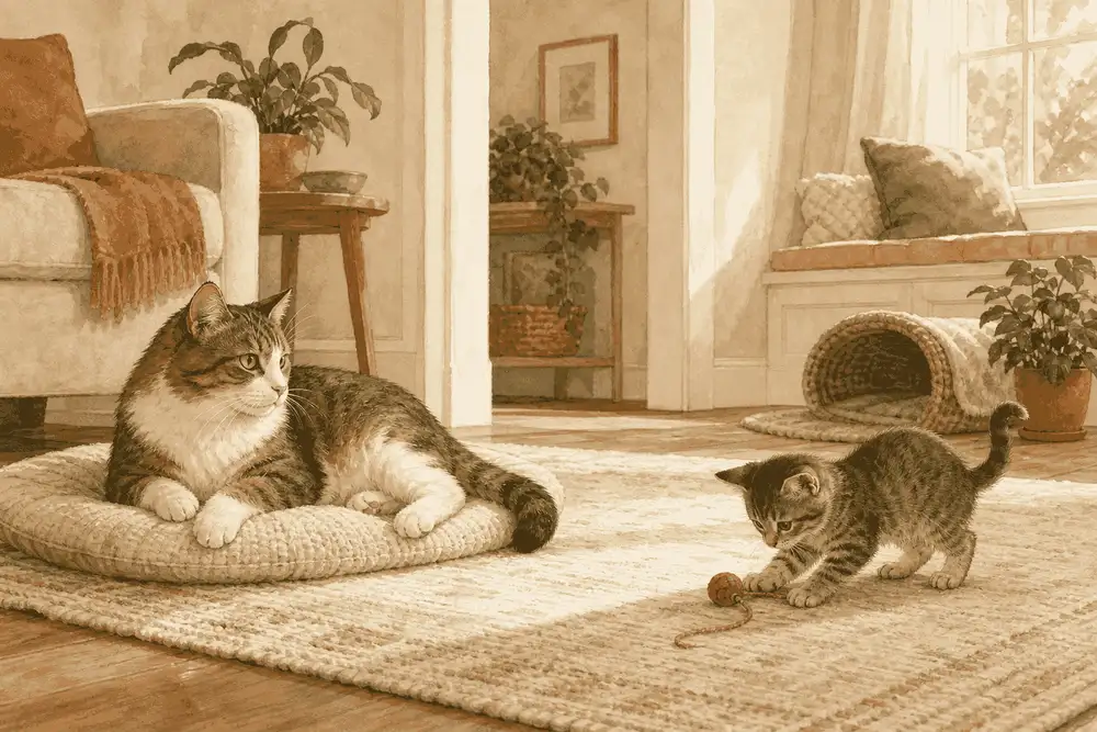 Adult tabby cat resting on a floor cushion while a tabby kitten plays across a sunlit room.