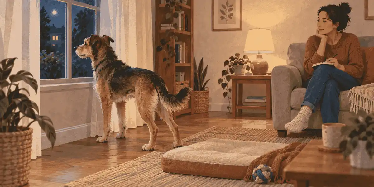 A mixed-breed dog stands alert near a curtained window at night while a caregiver observes from a quiet distance.