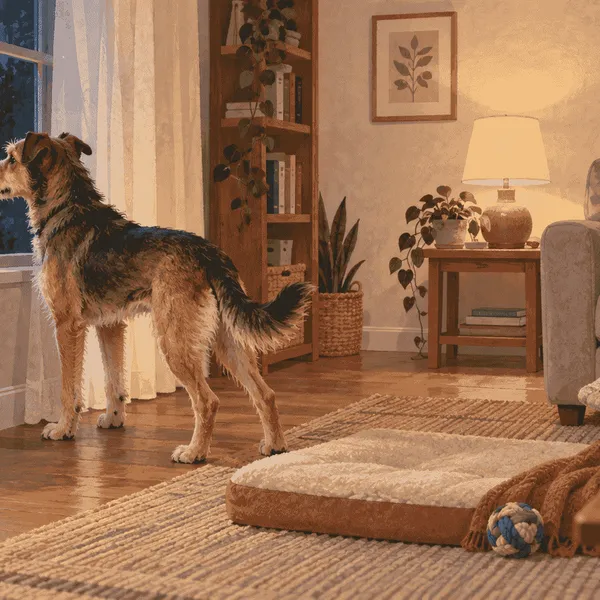 A mixed-breed dog stands alert near a curtained window at night while a caregiver observes from a quiet distance.