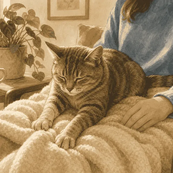 Relaxed gray tabby cat kneading a thick cream blanket across a caregiver's lap.