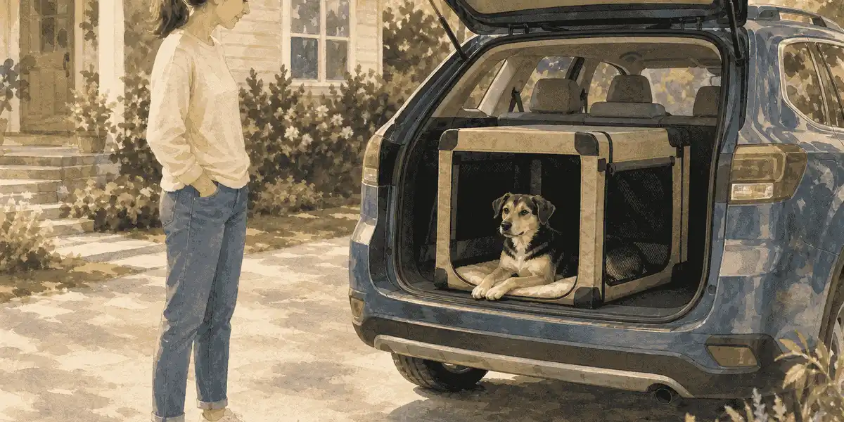 A calm young mixed-breed dog rests in an unbranded travel crate beside a parked car while a caregiver checks the setup.
