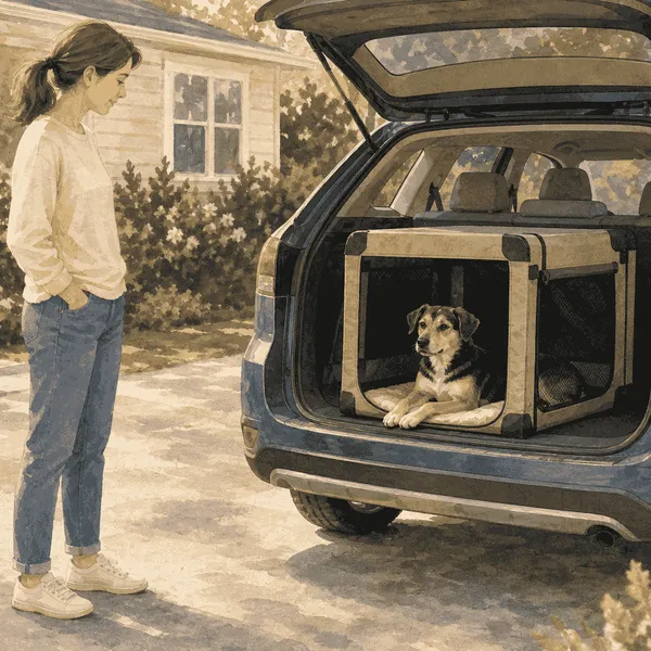 A calm young mixed-breed dog rests in an unbranded travel crate beside a parked car while a caregiver checks the setup.