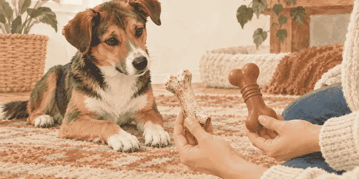 A young mixed-breed dog watches a caregiver compare a worn bone-shaped chew with an intact rubber chew on a warm rug.