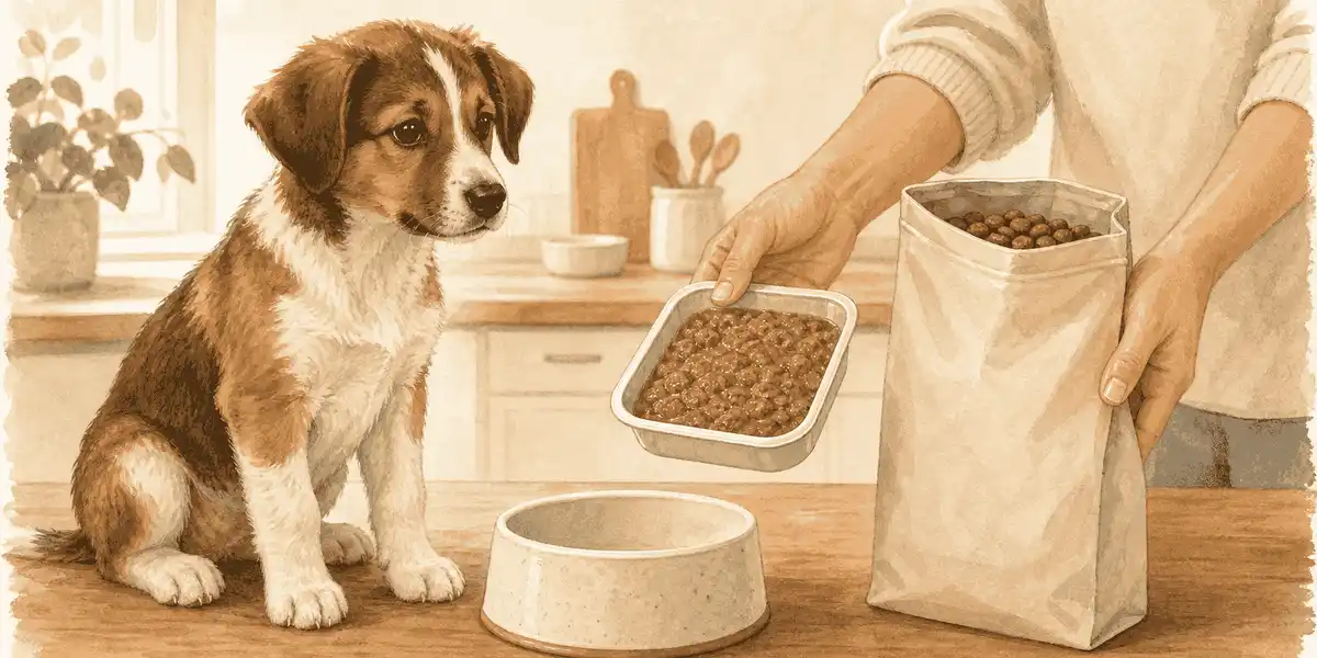 A brown-and-white puppy watches a person compare an unbranded wet food tray and dry food bag beside a ceramic bowl.