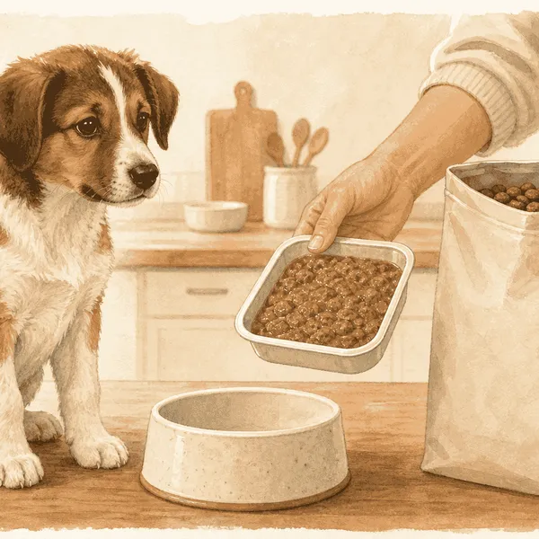 A brown-and-white puppy watches a person compare an unbranded wet food tray and dry food bag beside a ceramic bowl.
