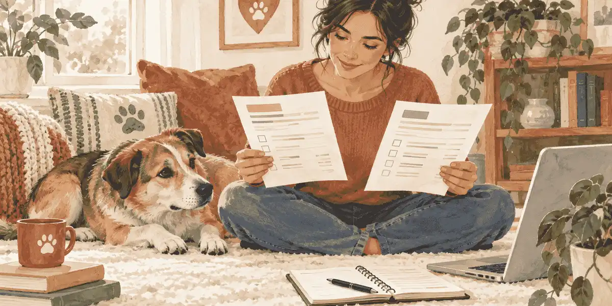A caregiver compares two unbranded dog dental-cleaning estimates beside a relaxed dog on a cream mat.