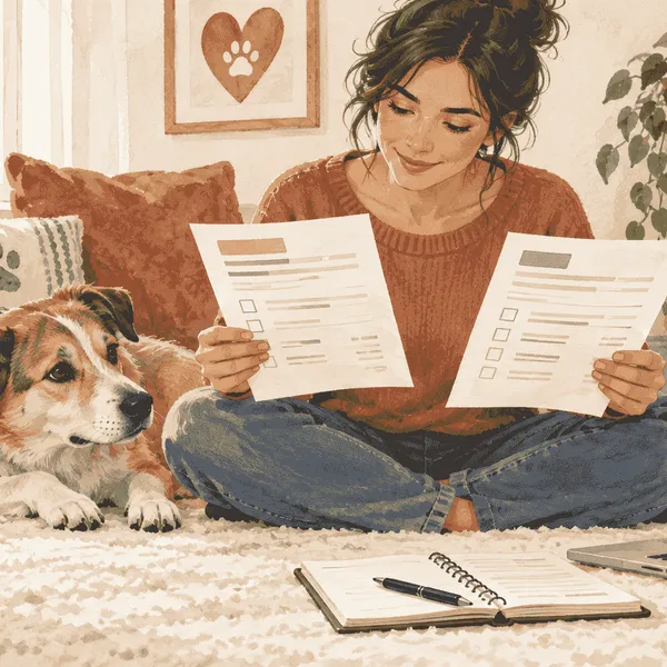 A caregiver compares two unbranded dog dental-cleaning estimates beside a relaxed dog on a cream mat.